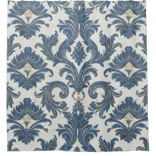 Rideaux De Douche Vintage Bleu et or Baroque Damas