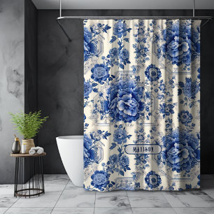 Rideaux De Douche Vintage bleu français chinoiserie toile monogramme
