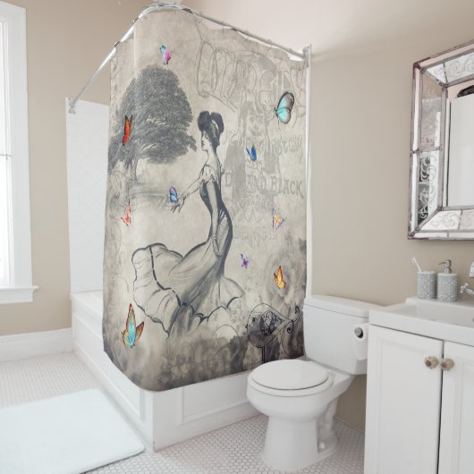 Rideaux De Douche Vintage dame aux papillons (En situation)