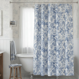 Rideaux De Douche Vintage Élégant Toile Florale Bleu Blanc
