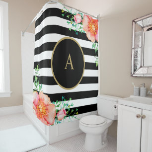 Rideaux De Douche Vintage Floral Or Monogramme noir blanc rayé