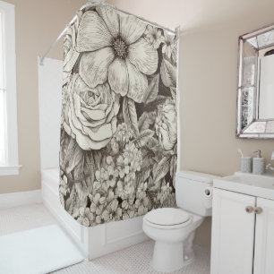 Rideaux De Douche Vintage Floral Sepia Motif (1)