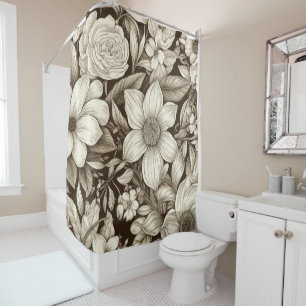 Rideaux De Douche Vintage Floral Sepia Motif (7)