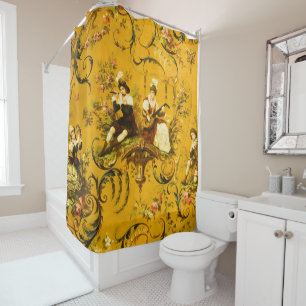 Rideaux De Douche Vintage French Gold Yellow Toile Victorian Floral