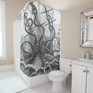 Rideaux De Douche Vintage Giant Kraken Octopus Attaques Pirate Ship