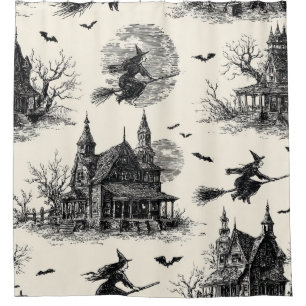 Rideaux De Douche Vintage Haunted House and Witch Toile Motif (2)