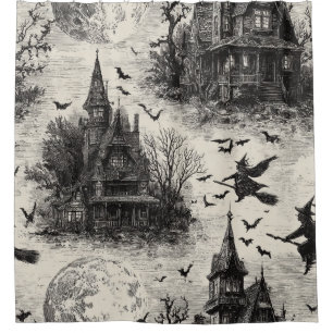 Rideaux De Douche Vintage Haunted House et sorcier Toile Motif