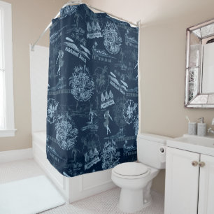 Rideaux De Douche Vintage Hawaiian Travel Collage en Indigo Blue