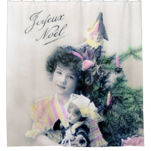 Rideaux De Douche Vintage Joyeux Noël avec fille et poupée