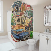 Rideaux De Douche Vintage Route 66, affiche nostalgique. (En situation)