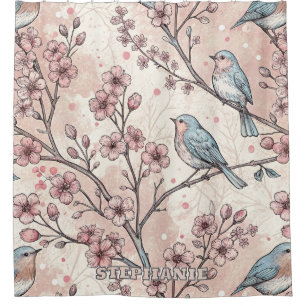 Rideaux De Douche Vintage Sakura Cerry Blossom & Bird Aesthétiquemen