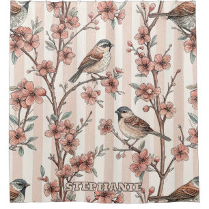 Rideaux De Douche Vintage Sakura Cerry Blossom & Bird Esthétique 6