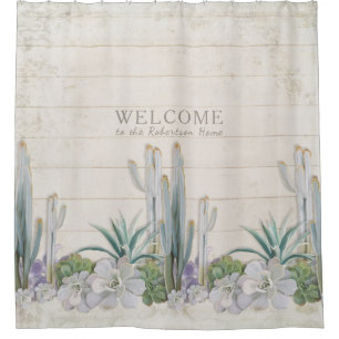Rideaux De Douche Vintage Shiplap Wood Desert Cactus Succulent Ouest