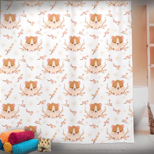 Rideaux De Douche Visage de hamster mignon et motif de fleurs roses 