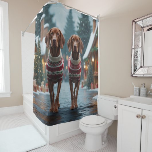 Rideaux De Douche Vizsla Dogs Christmas Snow Holiday (En situation)
