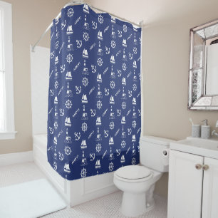Rideaux De Douche Voile Motif Rpt Illustré Blanc+Bleu Marine