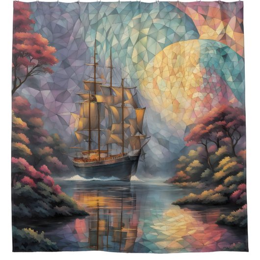 Rideaux De Douche Voilier polygonal et Pleine lune (Devant)