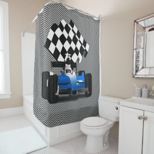 Rideaux De Douche Voiture Blue Race avec drapeau À damiers