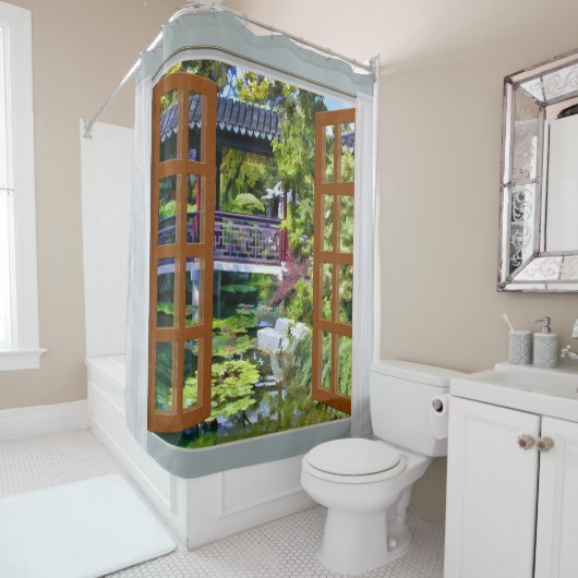 Rideaux De Douche Vue de fenêtre de jardin chinois (En situation)
