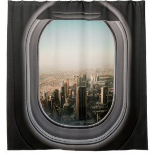 RIDEAUX DE DOUCHE VUE SUR LA VILLE DE L'AVION PENDANT LA JOURNÉE