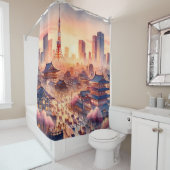 Rideaux De Douche Vue Tokyo sur le coucher de soleil d'Imaginaire (En situation)