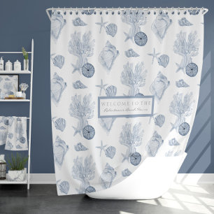 Rideaux De Douche Watercolor Beach Ocean Coral Starfish Blue n White
