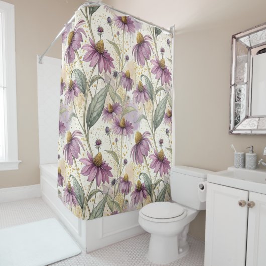 Rideaux De Douche Watercolor Echinacea Purple & Gold (En situation)