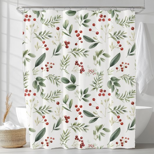 Rideaux De Douche Watercolor Winter Greenery & Red Berry Botanical