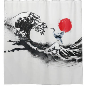 Rideaux De Douche Wave japonaise, Héron, art de peinture minimal