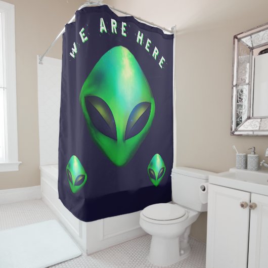 Rideaux De Douche "We Are Here" Green Alien head (En situation)