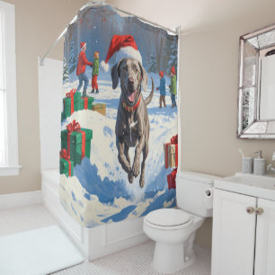 Rideaux De Douche Weimaraner courant dans la neige avec un chapeau d