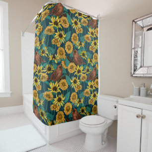 Rideaux De Douche Wens et fleurs sur bleu foncé