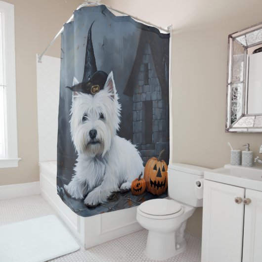 Rideaux De Douche West Highland White Terrier Citrouille Halloween (En situation)