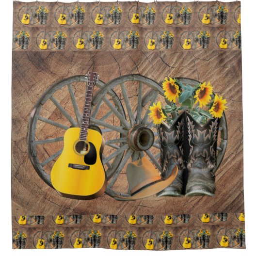 Rideaux De Douche Western Wagon Wheel Guitar Cowboy bottes tournesol (Devant)