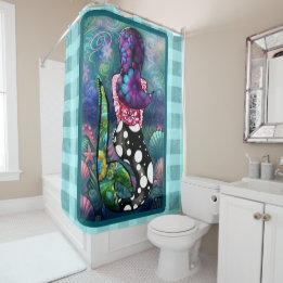 Rideaux De Douche Whimsical Abstract Mermaid Nautical Teal Seashells