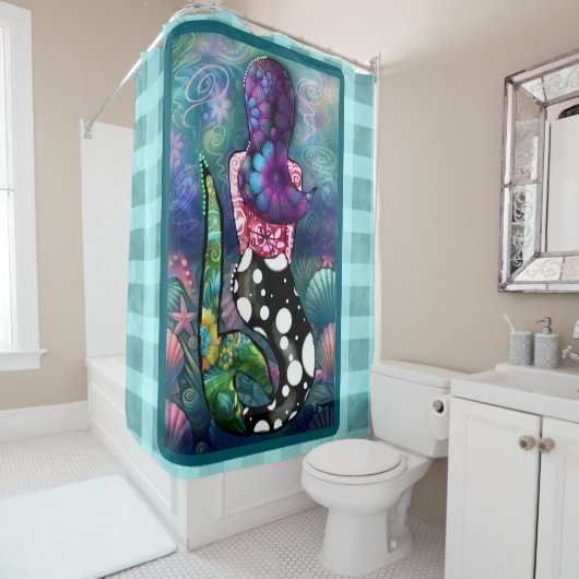 Rideaux De Douche Whimsical Abstract Mermaid Nautical Teal Seashells (En situation)