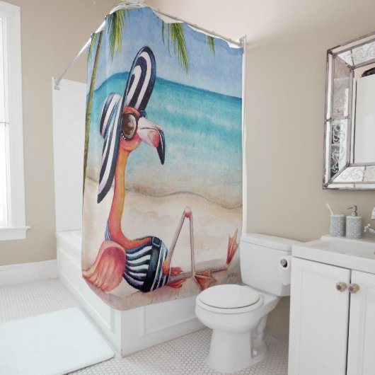 Rideaux De Douche Whimsical Beach Babe Flamant rose No. 1 Aquarelle  (En situation)