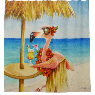 Rideaux De Douche Whimsical Beach Babe Flamant rose No 4 Aquarelle A