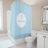 Rideaux De Douche Whimsical Blue White Stripe Preppy Monogram (En situation)