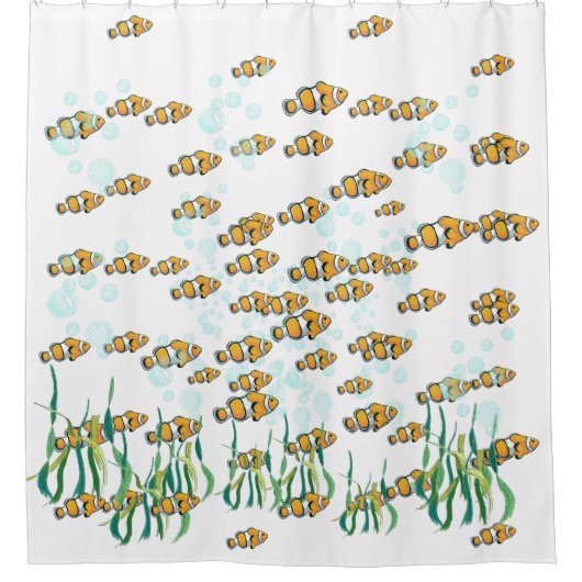 Rideaux De Douche Whimsical Clown Fish Bubbles et Seaweed Artwork (Devant)