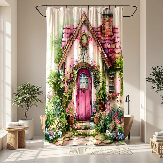 Rideaux De Douche Whimsical Cottage Garden Pink House |