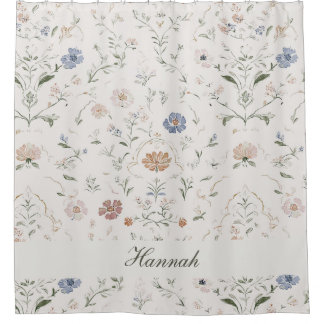 Rideaux De Douche Whimsical Cottagecore Beige Monogram Name Floral