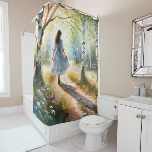 Rideaux De Douche Whimsical Girl Dancing Through Birch Forest (En situation)