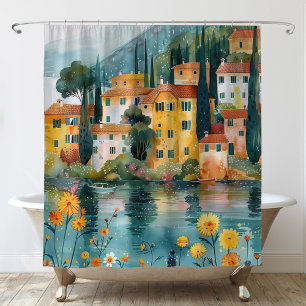 Rideaux De Douche Whimsical Italian Lakeside Village Art