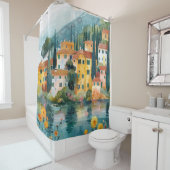 Rideaux De Douche Whimsical Italian Lakeside Village Art (En situation)