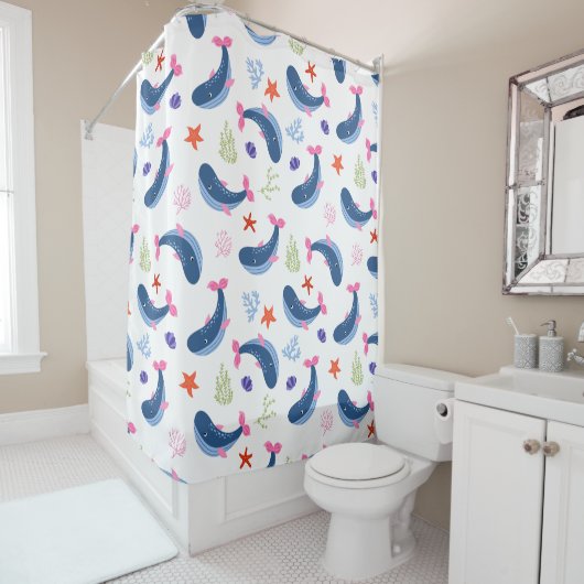 Rideaux De Douche Whimsical Whales and Coral Seamless Pattern (En situation)