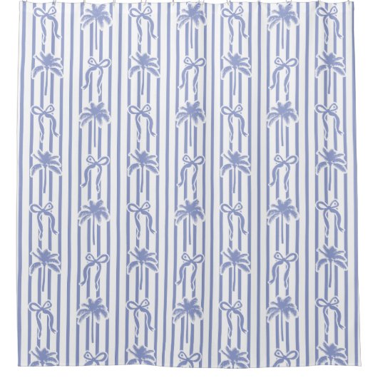Rideaux De Douche White Blue Coastal Palm Trees Bows Stripes Pattern (Devant)