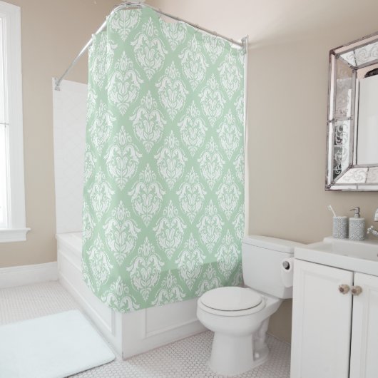 Rideaux De Douche White & Sage Green Floral Damasks Pattern (En situation)