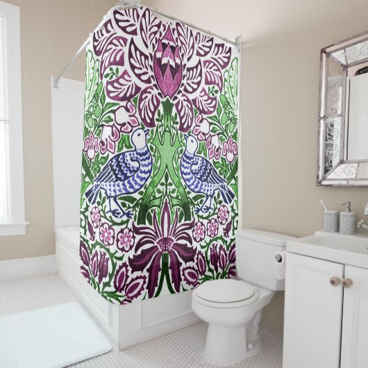 Rideaux De Douche William Morris Folk Art Oiseaux Fleurs Acorns (En situation)