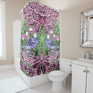Rideaux De Douche William Morris Folk Art Oiseaux Fleurs Acorns